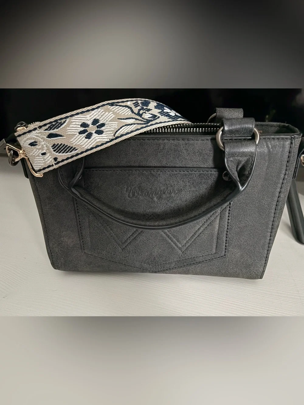 Wrangler Black Embroidered Leather Crossbody Bag
